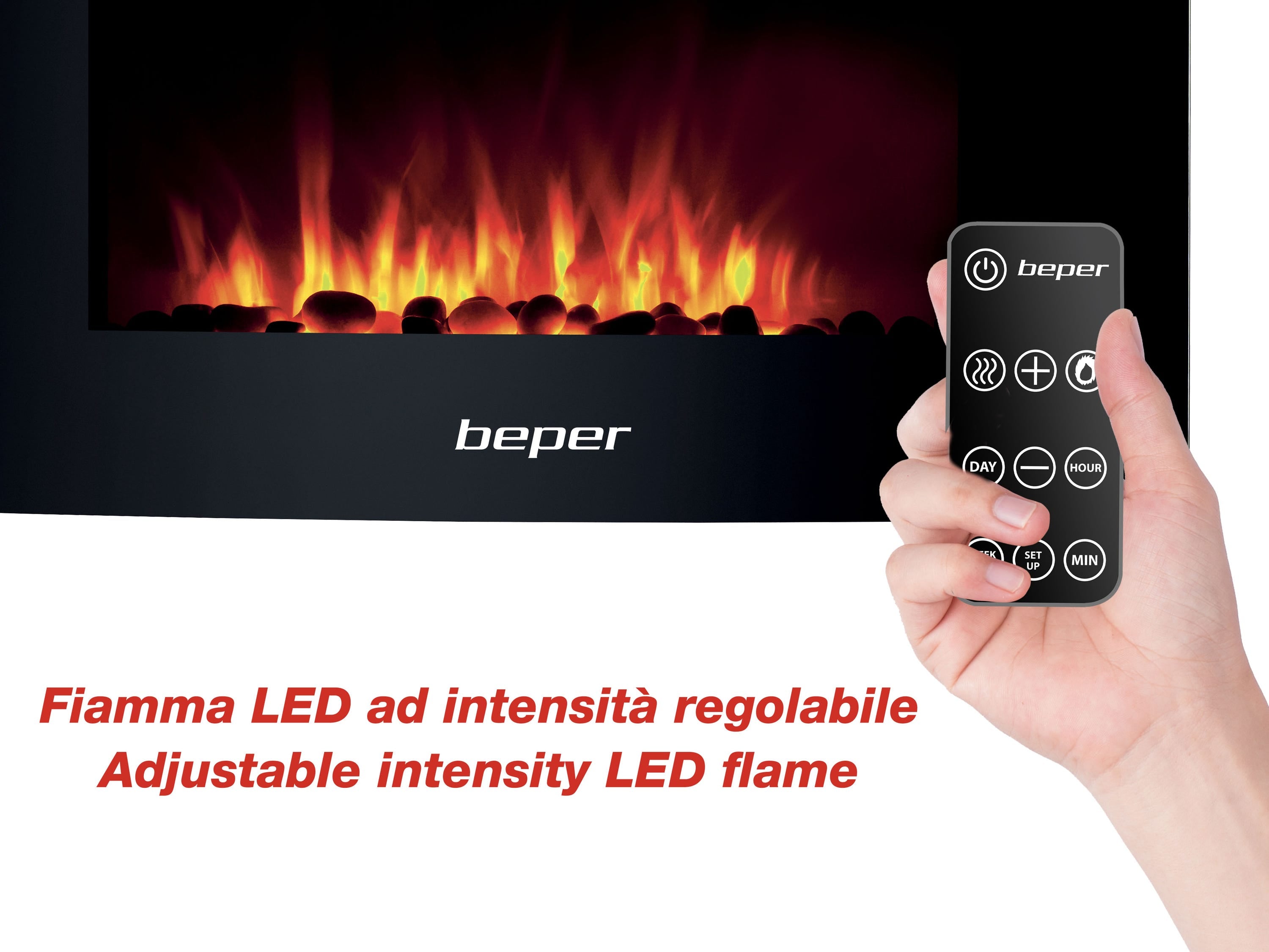 BEPER RI.503: Lareira eléctrica de parede, com controlo remoto, efeito de chama com 5 níveis de intensidade, modo de aquecimento, 52x66x15 cm - 3