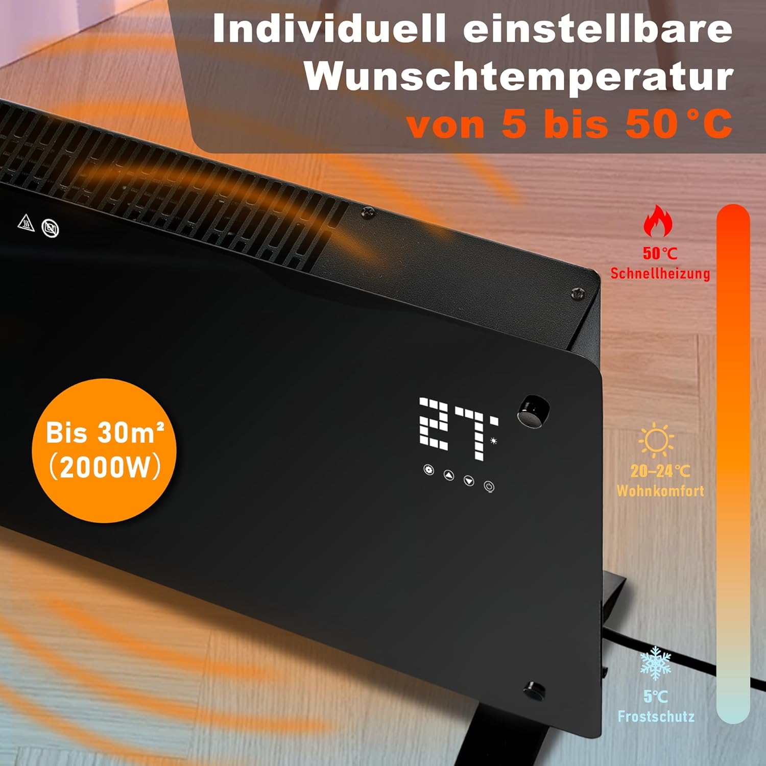 ZMH Aquecedor de convecção elétrico convector silencioso potência 2000W definições de aquecimento termóstato controlo remoto - 3