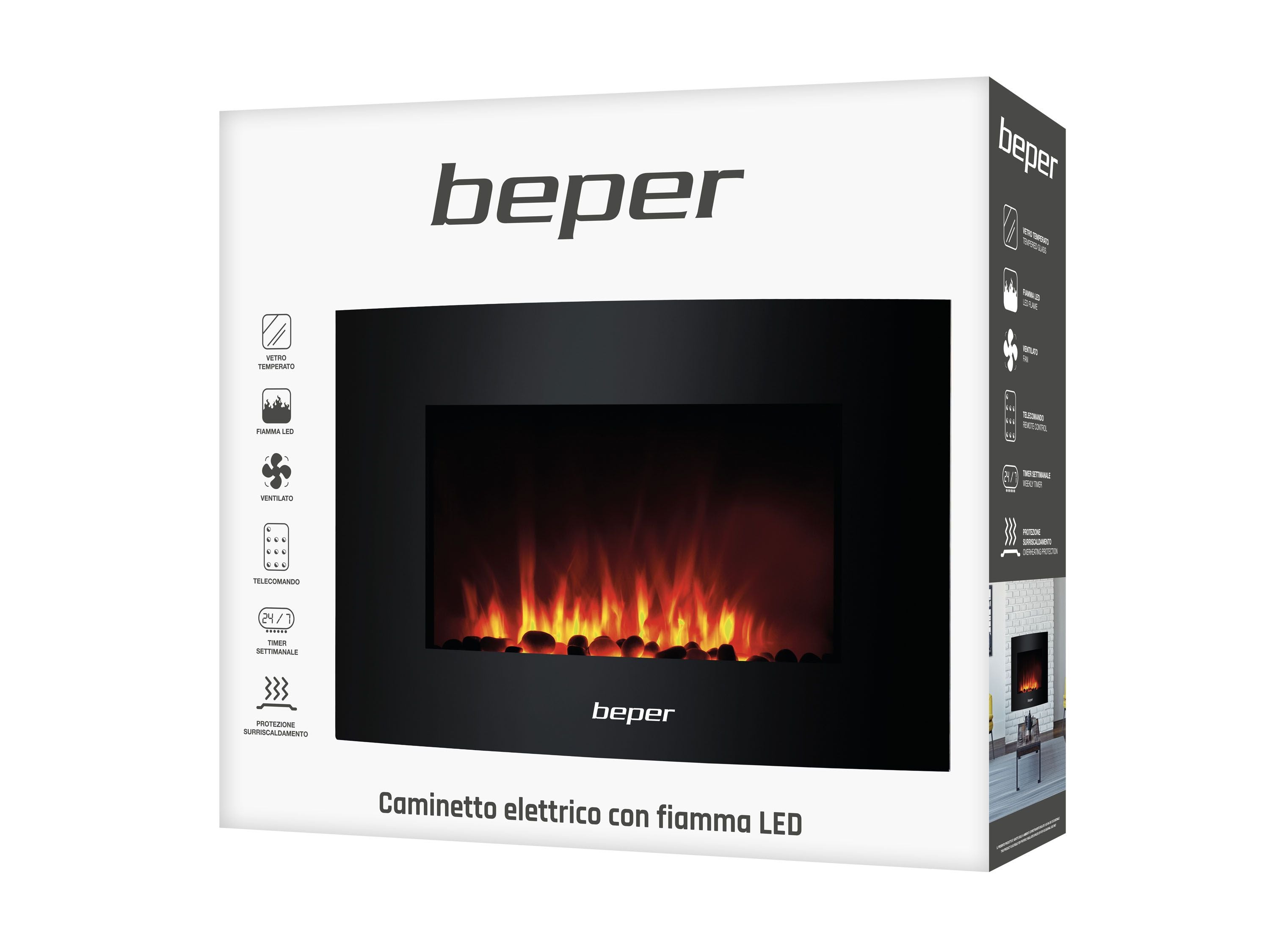 BEPER RI.503: Lareira eléctrica de parede, com controlo remoto, efeito de chama com 5 níveis de intensidade, modo de aquecimento, 52x66x15 cm - 9