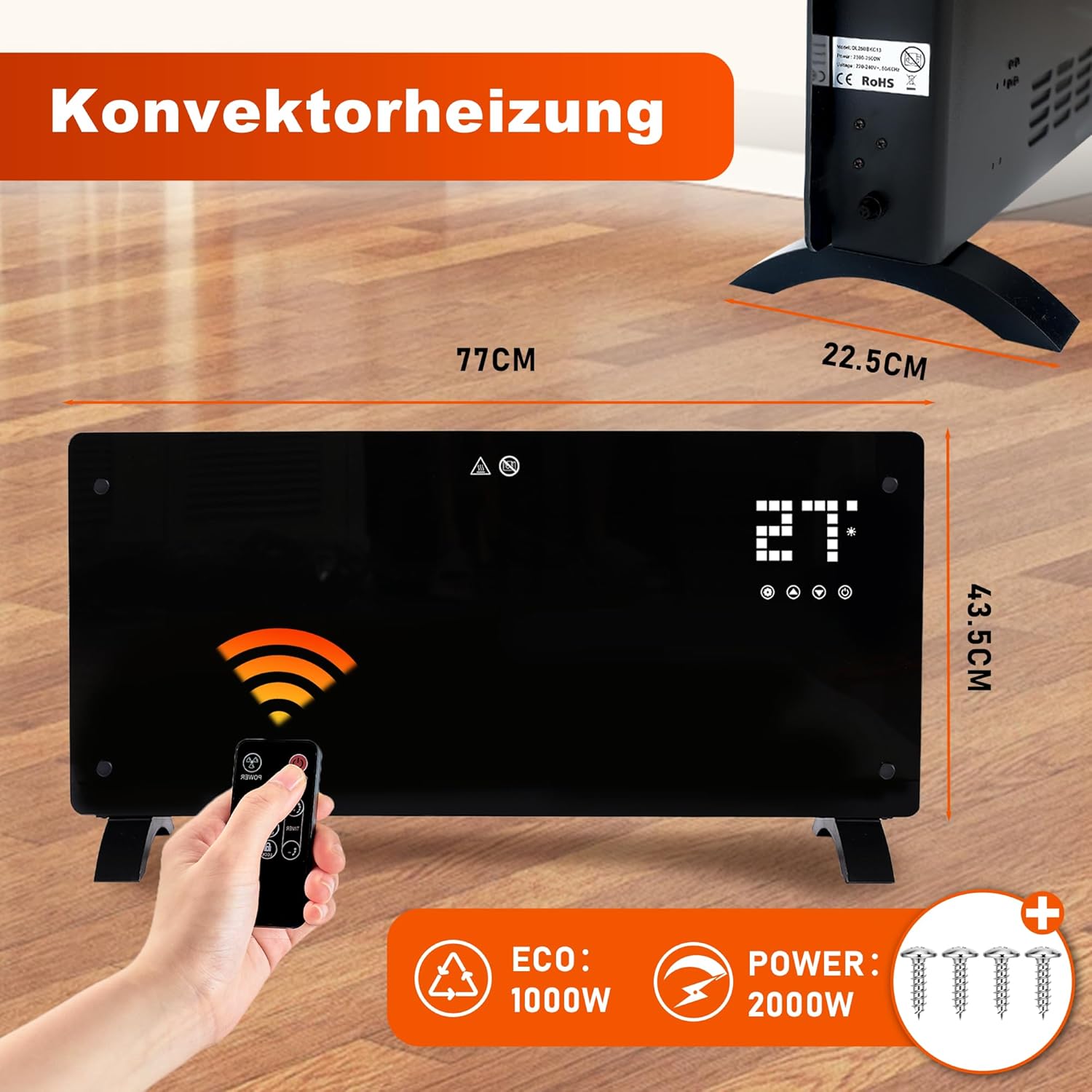 ZMH Aquecedor de convecção elétrico convector silencioso potência 2000W definições de aquecimento termóstato controlo remoto - 2